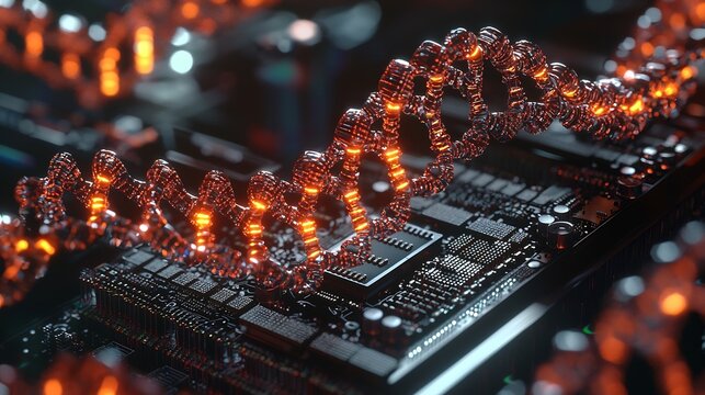 DNA Double Helix on Computer Circuit Board with Orange Glow