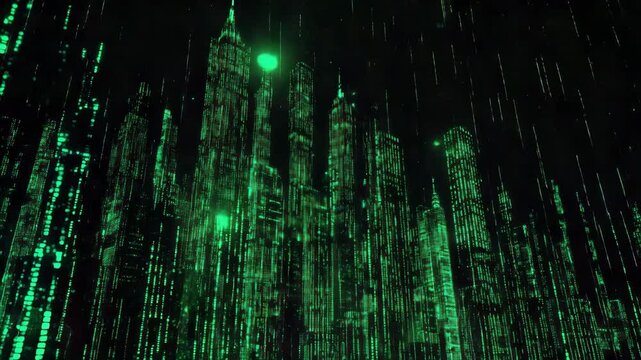 Green binary code streams down a digital backdrop, creating a technological pattern of illuminated data