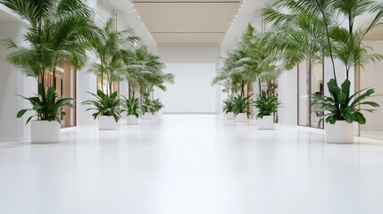 Fototapeta premium Modern, empty shopping arcade with tropical plants