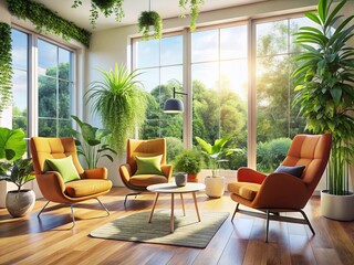 Fototapeta premium Modern Lounge Chairs, Bright Living Room, Natural Light, Greenery, Comfortable Seating