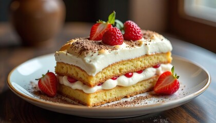 Classic Italian dessert, layers of coffee-soaked ladyfingers and mascarpone cream , high angle, baking