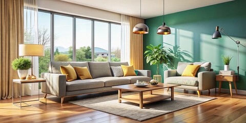 Fototapeta premium Modern Minimalist Living Room Interior Design: Sleek Furniture & Ample Natural Light