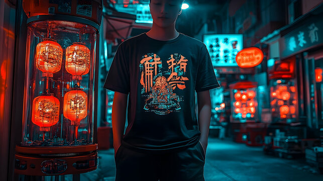 Nighttime city street scene with person wearing a graphic tee shirt.