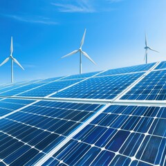 A vast solar panel field stretches under a brilliant blue sky with three large wind turbines generating clean renewable energy.