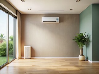Fototapeta premium Modern Minimalist Room with Wall-Mounted White Air Conditioner - Clean Interior Design Stock Photo