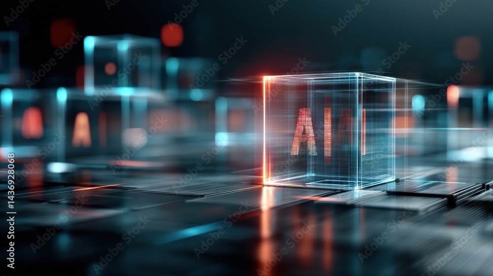 Leinwandbilder Floating Hologram of Artificial Intelligence Logo With Digital Cube Background in a Futuristic Setting Creating a Tech Atmosphere