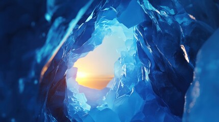 Fototapeta premium Sunlit ice cave opening, blue glacial ice, arctic winter landscape.