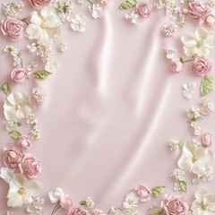Delicate pink roses and white blossoms create a charming floral frame on a soft pink satin background perfect for elegant designs and romantic projects.