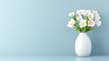 A simple white vase filled with a bouquet of delicate white flowers sits against a light blue wall providing a serene and minimalist floral arrangement.