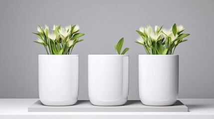 Obraz premium Three white vases with pale yellow flowers