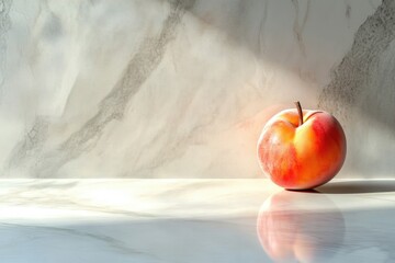 A single ripe peach rests on a marble surface, bathed in sunlight.