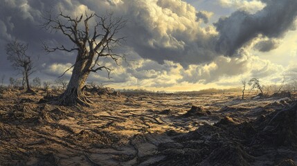 Fototapeta premium Lone Tree in Desolate Landscape Dramatic Sunset Cloudy Sky Nature Environment