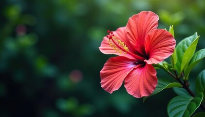 Bold tropical hibiscus blossoms, lush foliage , background, summer