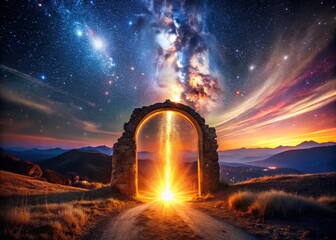 Mysterious Portal:  Magical Landscape Time-Lapse -  Fiery Core, Starry Night, Beams of Light