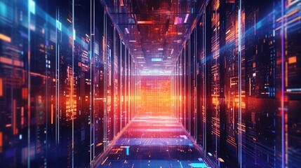 virtual data center, digital streams futuristic, Cybernetic Data Center Corridor