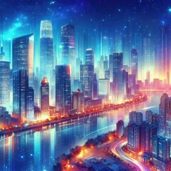 Fototapeta premium Vibrant Urban Skylines: Modern buildings, bright lights, and dynamic cityscapes represent progress, excitement, and opportunity, often used for technology, finance, and urban living products.