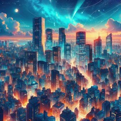 Obraz premium Vibrant Urban Skylines: Modern buildings, bright lights, and dynamic cityscapes represent progress, excitement, and opportunity, often used for technology, finance, and urban living products.