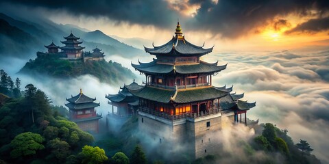 Fototapeta premium Mystical Fog Envelops Ancient Luohan Temple, Chongqing, China