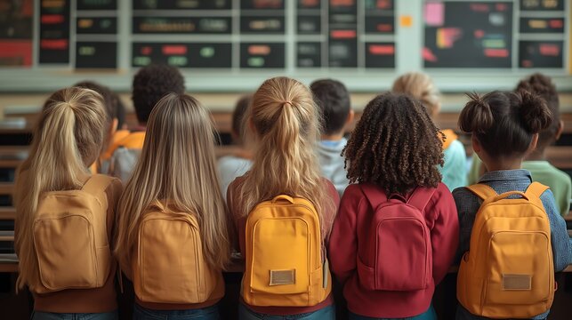 Students with backpacks facing a classroom board
