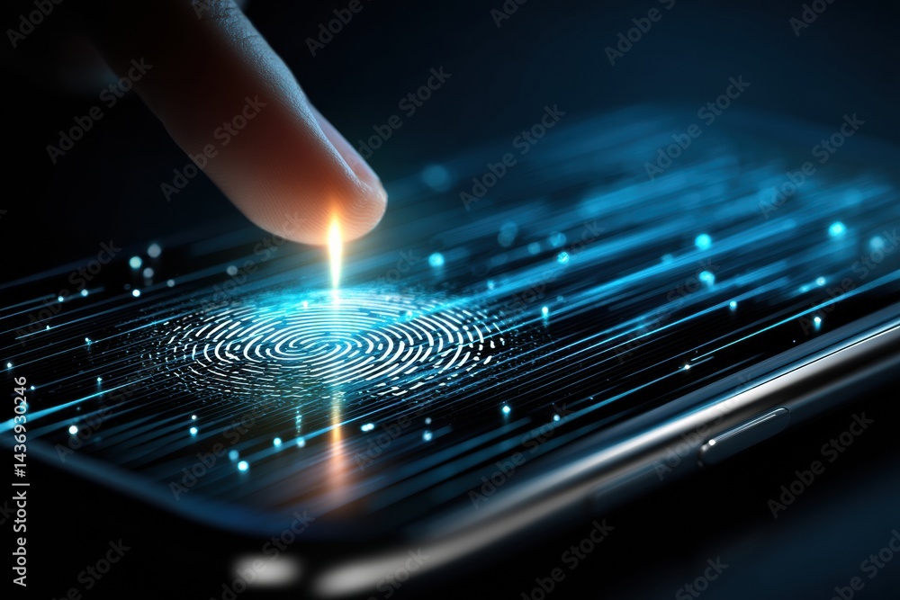 Aufkleber Floating Hand Engages a Smartphones Biometric Scanner With a Glowing Effect During a Technology Demonstration