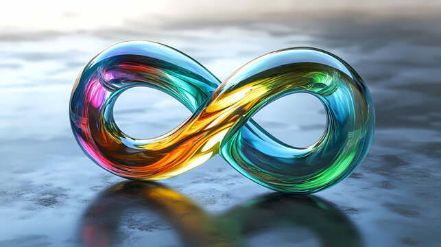 High-resolution photo of a sleek glossy infinity loop made of rainbow-colored glass. Lucid Loop. Illustration