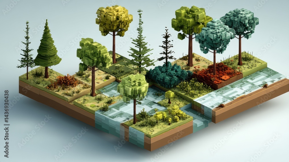 Poster Exploring a Minimal Pixel Art World in a 3D Environment With Clean Layouts and Vibrant Greenery