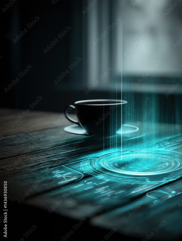 Poster interactive hologram menu appears above coffee cup in modern cafe setting during afternoon