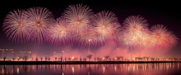 Pink Fireworks over a City Waterfront