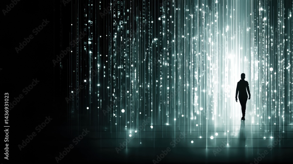 Poster Silhouette Merging With Digital Binary Code and Glowing Light Nodes in a Futuristic Space