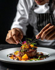 Portrait-style shot of a plated gourmet dish on a dark background, chef’s hands