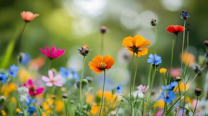 Fototapeta premium Vibrant wildflowers bloom in a colorful meadow showcasing nature's beauty