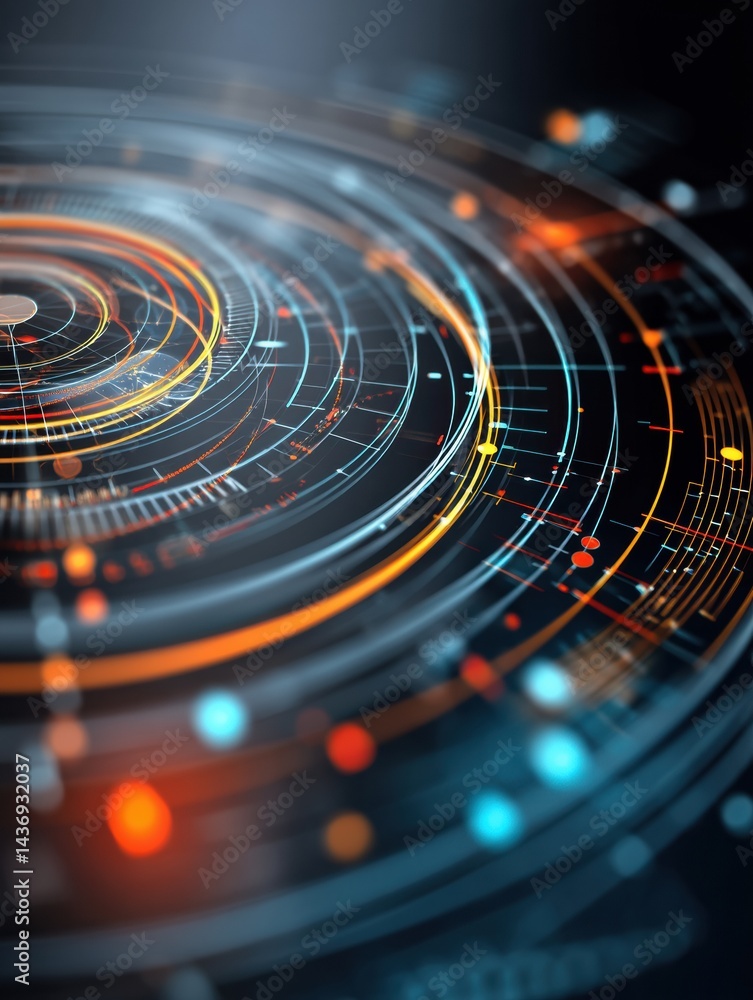Poster Holographic Interface Displaying Intricate AI Data in a Circular Layout With Vibrant Colors and Glowing Elements