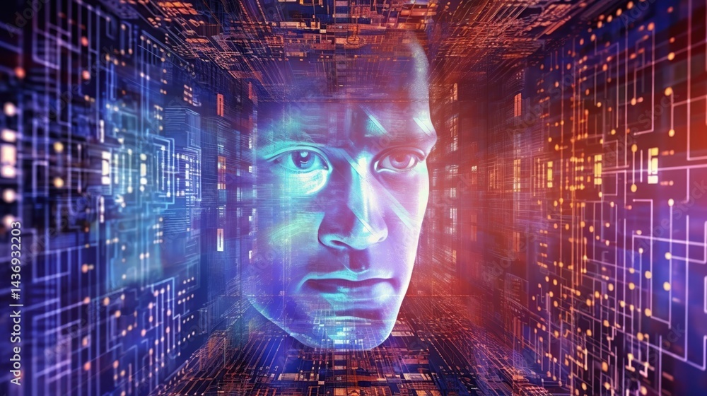 Aufkleber big data learning. digital technology abstract background. digital face emergence