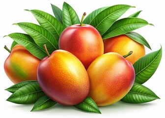 Obraz premium Night Photography: Vibrant Mangoes & Lush Leaves on White