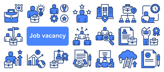 Job vacancy icon collection set. Containing online job search, requirements, recruiting, employment, human resource management, employee skills, career ladder icon. Simple flat vector illustration.