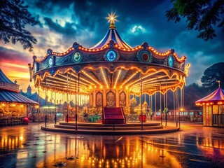 Nighttime Amusement Park: Carousel, Slides & Circus Lights - Funfair Stock Photo