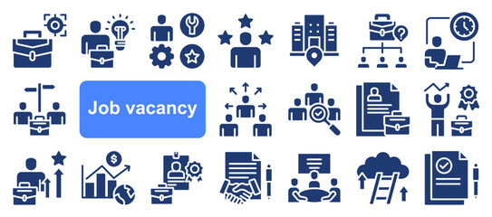 Job vacancy icon collection set. Containing online job search, requirements, recruiting, employment, human resource management, employee skills, career ladder icon. Simple flat vector illustration.