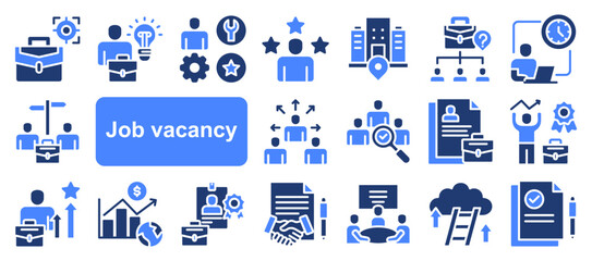 Job vacancy icon collection set. Containing online job search, requirements, recruiting, employment, human resource management, employee skills, career ladder icon. Simple flat vector illustration.