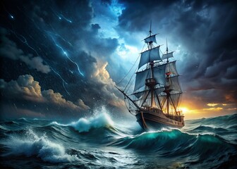 Fototapeta premium Old Sailing Ship Stormy Sea Night Dramatic Ocean Waves Seascape Photography
