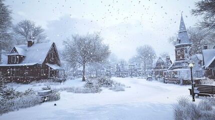 Charming Snowy Village Winter Scene with Cozy Houses and Falling Snow