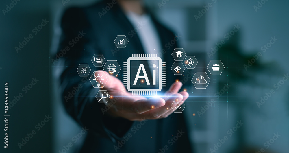 Poster businessman holding ai technology symbol with futuristic digital interface, innovation icons, and ar