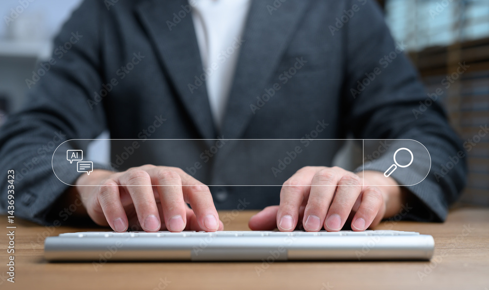Aufkleber businessman typing on a keyboard with ai chat and search bar interface concept, technology innovatio