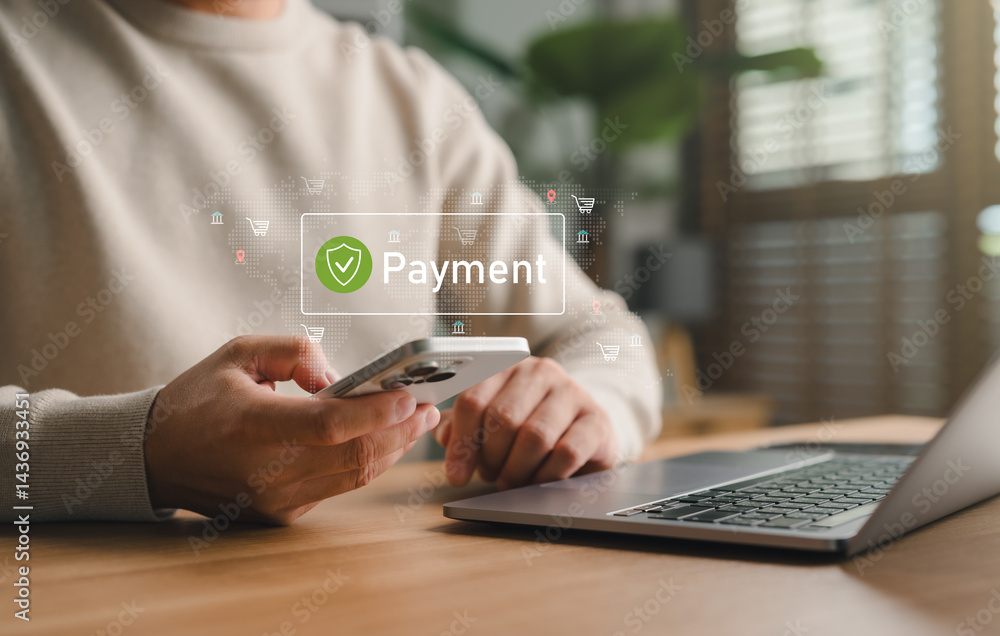 Aufkleber Man using smartphone for online payment with secure transaction, digital wallet system, and mobile banking concept for financial technology, e-commerce, and global money transfer.