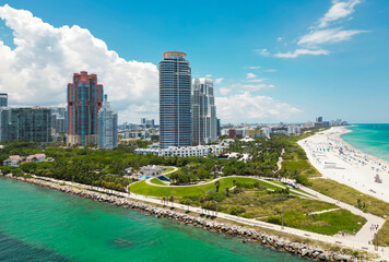 Aerial view of Miami Beach with turquoise waters. Drone shot of Miami skyline. Top view of South...