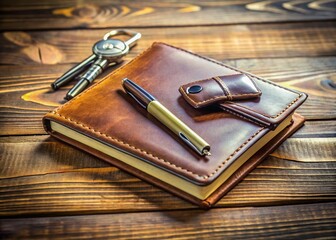 Organized Everyday Essentials: Wallet, Keys, Pen on Wooden Notebook