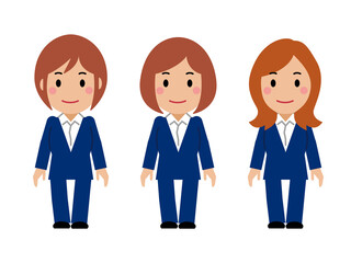 両手を下ろし、すまし顔の紺色スーツの若い女性