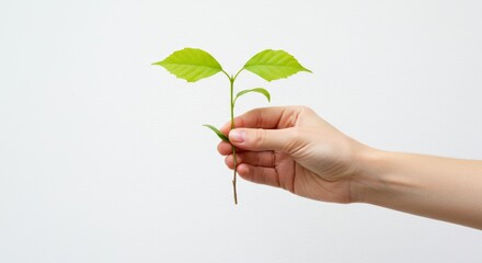 Hand holding a green sprout against a white background symbolizing growth and new beginnings for environmental awareness and sustainability