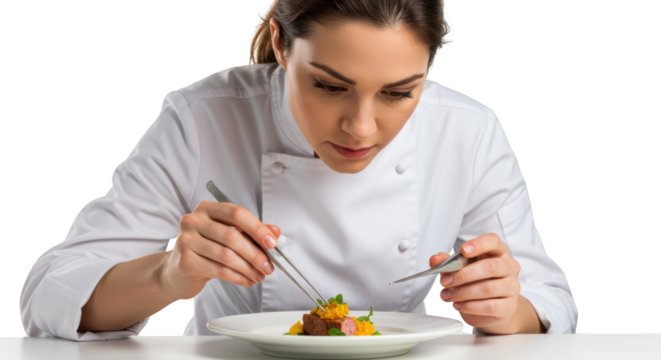 Female Chef Preparing Gourmet Dish Culinary Arts Food Styling Restaurant - Powered by Adobe