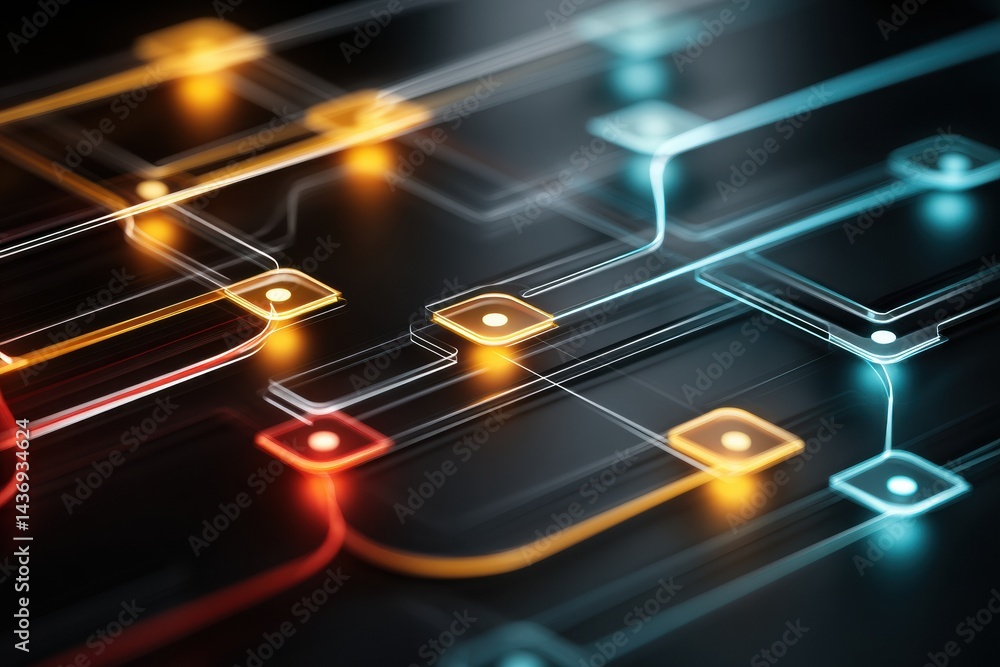 Poster Flowchart Transitions Into a Three-Dimensional AI Structure With Luminous Edges Showcasing Modern Digital Design