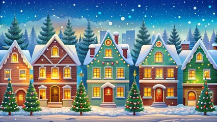 Obraz premium Panoramic Christmas Town: Snowy Houses, Festive Decorations & Winter Wonderland Street Scene